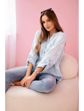 Dámska ľanová blúzka s kvetinovým vzorom, dlhými rukávmi a gombíkmi Modrá