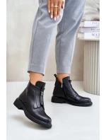 Skórzane Botki Na Płaskim Obcasie Ocieplane Czarne Komisa