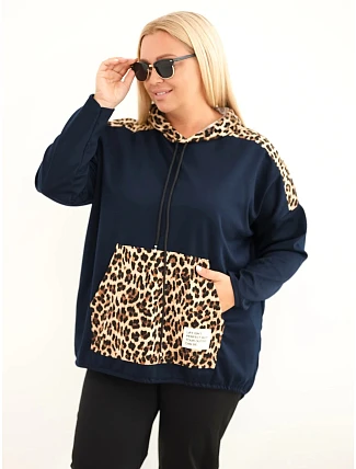 Dámska mikina Plus Size z viskózy s kapucňou a leopardovými vsadkami, granátová Dámska mikina Plus Size z viskózy s kapucňou a leopardovými vsadkami, granátová