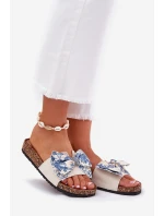 Damskie Klapki Z Kokardą Na Korkowej Platformie Niebieskie Lisandrea