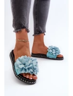 Dámske papuče zdobené kvetmi, modrý celan Dámske papuče zdobené kvetmi, modrý celan