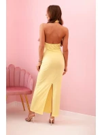 Dámske maxi šaty s odhaleným chrbtom a volánom - žlté