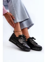 Sznurowane Półbuty Damskie Na Platformie Skóra Naturalna S.Barski LR620 Czarne