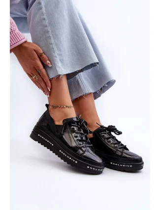 Sznurowane Półbuty Damskie Na Platformie Skóra Naturalna S.Barski LR620 Czarne