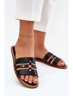 Płaskie Klapki Damskie Ze Złotym Detalem Czarne Noroti