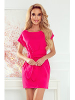 Ružové dámske šaty s krátkymi rukávmi a širokým pásikom na zaväzovanie 370-1