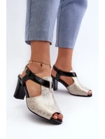 Sandały Damskie Na Słupku Z Eko Skóry Złoto-Czarne Queenmarie
