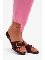 Dámské pantofle na ploché podrážce se zlatou sponou čokoládové Selivelle