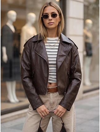 Dámska bunda v štýle „Ramones“ z ekologickej kože, hnedá, FashionStreet TY5920 Dámska bunda v štýle „Ramones“ z ekologickej kože, hnedá, FashionStreet TY5920