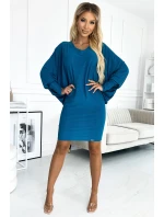 402-3 Netopierie šaty s výstrihom - morská farba s trblietkami