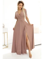 581-4 JENNIFER trblietavé dlhé šaty s rukávmi a výstrihom - MOCHA MOUSSE WITH BROKER