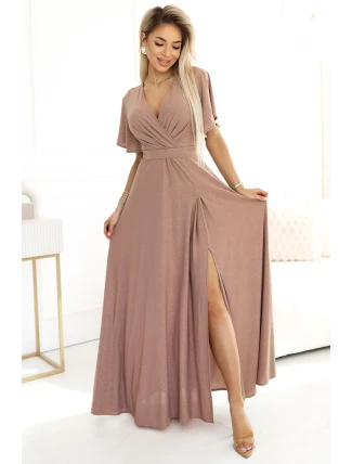 581-4 JENNIFER trblietavé dlhé šaty s rukávmi a výstrihom - MOCHA MOUSSE WITH BROKER