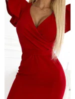 479-3 Šaty NINA s obálkovým výstrihom, rukávmi a opaskom - ČERVENÉ 479-3 Šaty NINA s obálkovým výstrihom, rukávmi a opaskom - ČERVENÉ