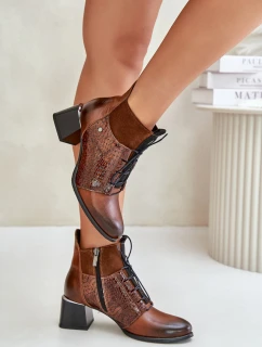 Zazoo 60503 Skórzane Botki Na Obcasie Ocieplane Brązowe