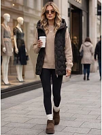 Dámska dlhá prešívaná vesta s kapucňou, čierna, FashionStreet TY5922 Dámska dlhá prešívaná vesta s kapucňou, čierna, FashionStreet TY5922