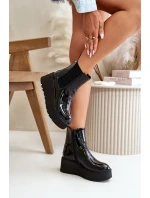 Lakierowane Botki Damskie Na Platformie I Koturnie Ocieplane Czarne Wloedia