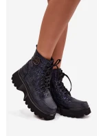 Skórzane Botki Damskie Na Platformie Z Napisami I Ozdobnym Detalem Artiker 57C2271 Granatowe