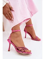 Dámské sandály na podpatku s pásky a kamínky fuchsiové Chiara