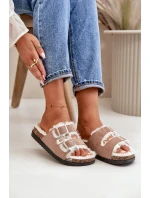 Damskie Kapcie Klapki Z Klamrami I Futerkiem Beżowe Ezilena