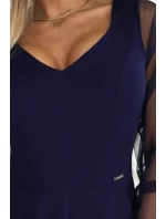 640-3 LORETTA jedinečné dlhé šaty s tylovými rukávmi a výstrihom - tmavomodré