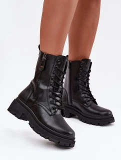 Botki Workery Damskie Ocieplane Z Podwójnym Zamkiem Czarne Perlina