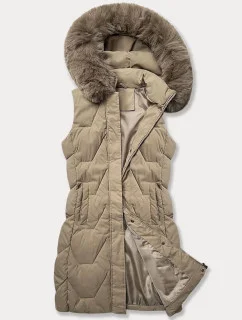 Béžová dámska vesta s kapucňou a kožušinovým lemom J Style (16M9172-62)