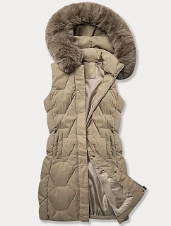 Dámska bunda bez rukávov s kožušinou na kapucni J Style béžová (16M9172-62)