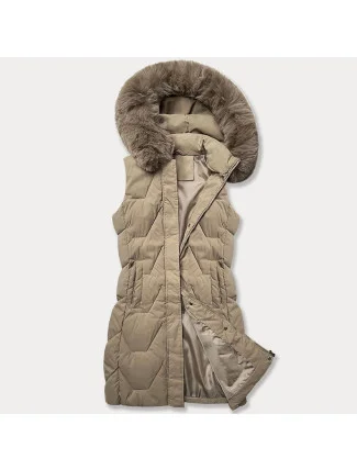 Béžová dámska vesta s kapucňou a kožušinovým lemom J Style (16M9172-62) Béžová dámska vesta s kapucňou a kožušinovým lemom J Style (16M9172-62)