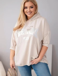 Dámska plus size mikina z viskózy s kapucňou a klokaním vreckom béžová