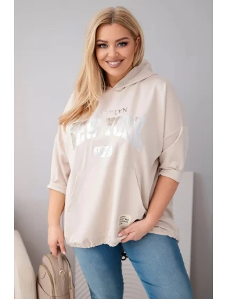 Dámska plus size mikina z viskózy s kapucňou a klokaním vreckom béžová Dámska plus size mikina z viskózy s kapucňou a klokaním vreckom béžová