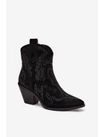 Ocieplane Damskie Botki Kowbojki Ze Zdobieniem Czarne Lelira