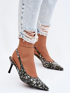 Zdobené dámské sandály na podpatku s květinovým vzorem Černé Olivelle