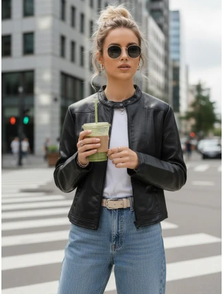 Dámska kožená bunda so stojačikom čierna FashionStreet TY5568