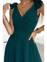 405-4 ELENA Dlhé šaty s výstrihom a viazaním na ramenách - BOTTLE GREEN