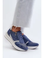 Sneakersy Damskie Na Platformie Z Ażurowym Wzorem I Brokatem INBLU IN000372 Niebieskie