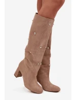 Kozaki Damskie Ocieplane Na Słupku Z Ozdobnymi Detalami Beżowe Lucinda