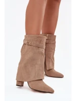 Ocieplane Botki Damskie Na Słupku Z Ozdobnym Paskiem Khaki Luvielle