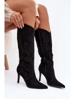 Dámské kozačky na podpatku cowboye z eko semiše černé Belonia