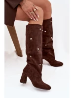 Kozaki Damskie Ocieplane Na Słupku Z Ozdobnymi Detalami Czekoladowe Lucinda