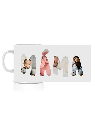 Personalizovaný klasický biely keramický hrnček s objemom 300 ml s nápisom „mama/tata/babička/dedko“ na základe fotografií
