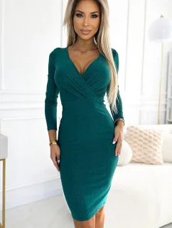 387-7 Priliehavé šaty s dlhými rukávmi a obálkovým výstrihom - ZELENÉ s trblietkami