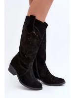 Zazoo 4043 Zamszowe Kozaki Na Niskim Obcasie Ażurowe Czarne