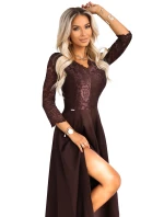 309-14 AMBER elegantné dlhé čipkované šaty s výstrihom - čokoládové