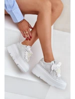 Skórzane Sneakersy Na Platformie CheBello 4658 Srebrne