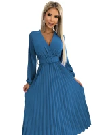 504-5 VIVIANA Plisované midi šaty s výstrihom, dlhými rukávmi a širokým opaskom - JEANS 504-5 VIVIANA Plisované midi šaty s výstrihom, dlhými rukávmi a širokým opaskom - JEANS