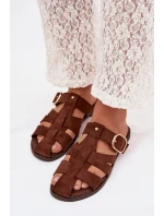 Dámské nazouváky na ploché podrážce s pásky a zlatou sponou Bežové Elzora