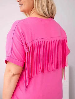 Dámska bavlnená blúzka nadmernej veľkosti s výstrihom do V a strapcami na chrbte ružová