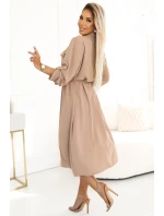 531-3 Midi sukňa so zlatými gombíkmi a viazaním - MOCHA MOUSSE