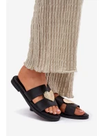 Klapki Damskie Na Płaskim Obcasie Ze Złotą Ozdobą Czarne Karinma