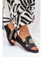 Klapki Damskie Na Koturnie Eko Skórzane Z Ozdobą Czarne Sarela